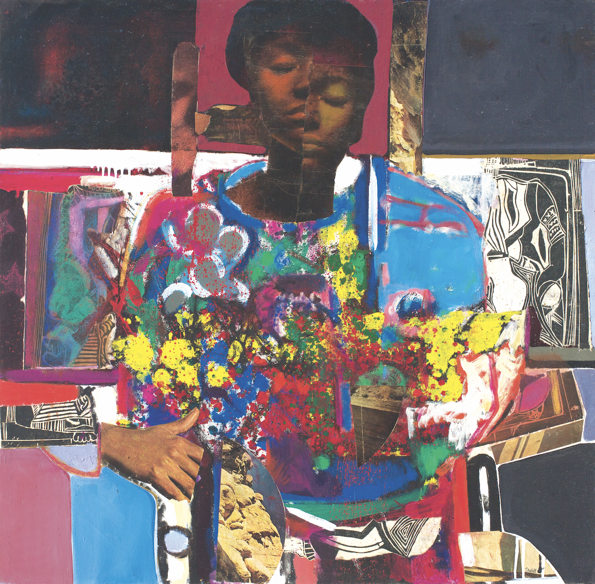 David C. Driskell, Woman with Flowers, 1972, oil and collage on canvas, 37 1/2 × 38 1/2". Image: © The Estate of David C. Driskell. Courtesy of DC Moore Gallery, New York. Collection of Art Bridges.